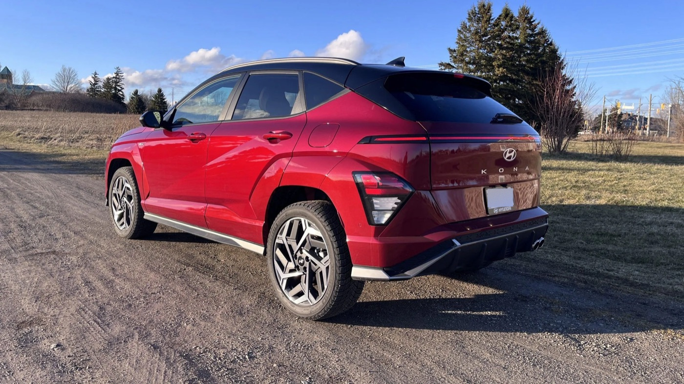 A red Hyundai Kona photographed from the rear three-quarter at Dalton Hyundai National City